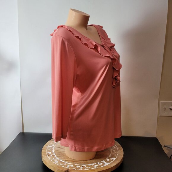 Southern Lady Pink Ruffled V-Neck Blouse W/Tie Front & 3/4 Sleeves Med. - Picture 2 of 13